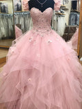 Pink Sweetheart neck tulle lace long prom dress, sweet 16 dress