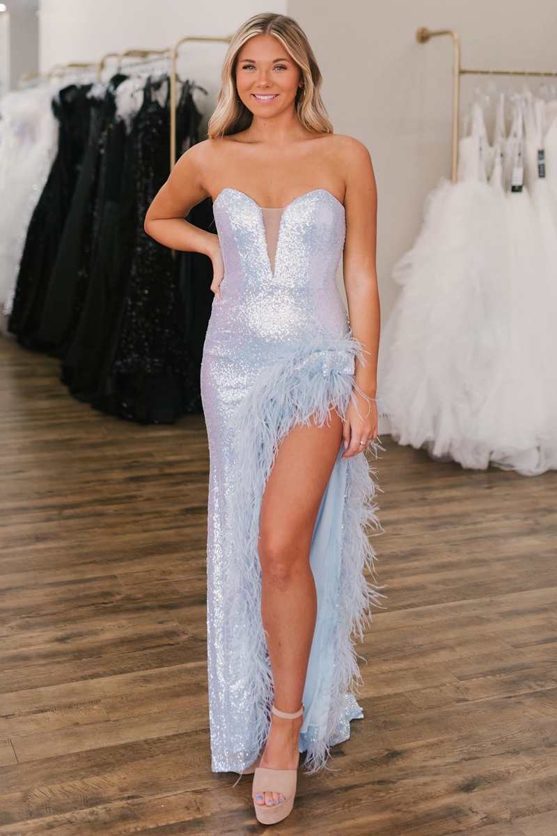 Light Blue Sequin Mermaid Prom Dresses with Feather,Black Holiday Gala Dress