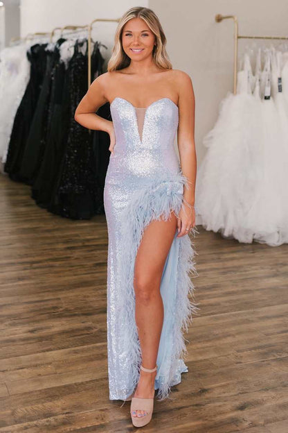 Light Blue Sequin Mermaid Prom Dresses with Feather,Black Holiday Gala Dress