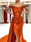 Off the Shoulder Orange Satin Prom Dresses, Orange Off Shoulder Satin Formal Evening Dresses