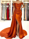 Off the Shoulder Orange Satin Prom Dresses, Orange Off Shoulder Satin Formal Evening Dresses