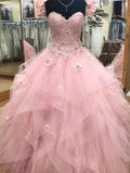 Pink Sweetheart Tulle Long Prom Dress,Ball Gown sweet 16 dresses,Princess Quinceanera Dresses