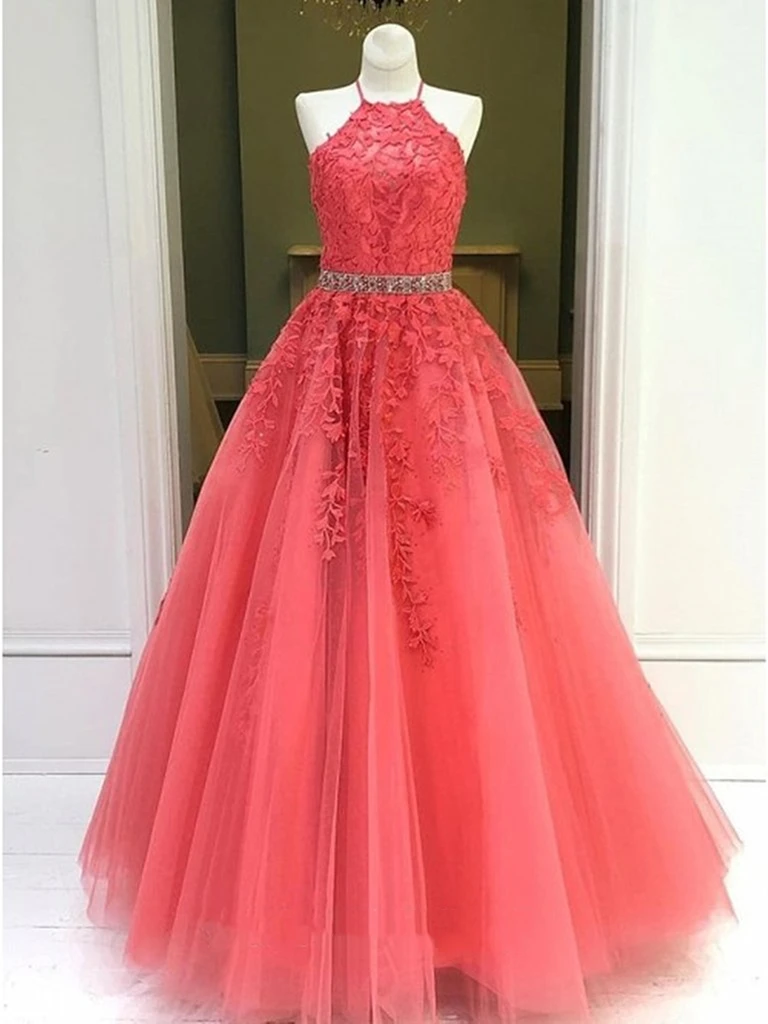 Halter Neck Coral Lace Tulle Long Prom Dresses, Halter Neck Coral Lace Formal Evening Dresses