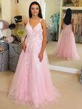 A Line V Neck Pink Lace Long Prom Dresses, Pink Lace Long Formal Dresses, Pink Lace Evening Dresses