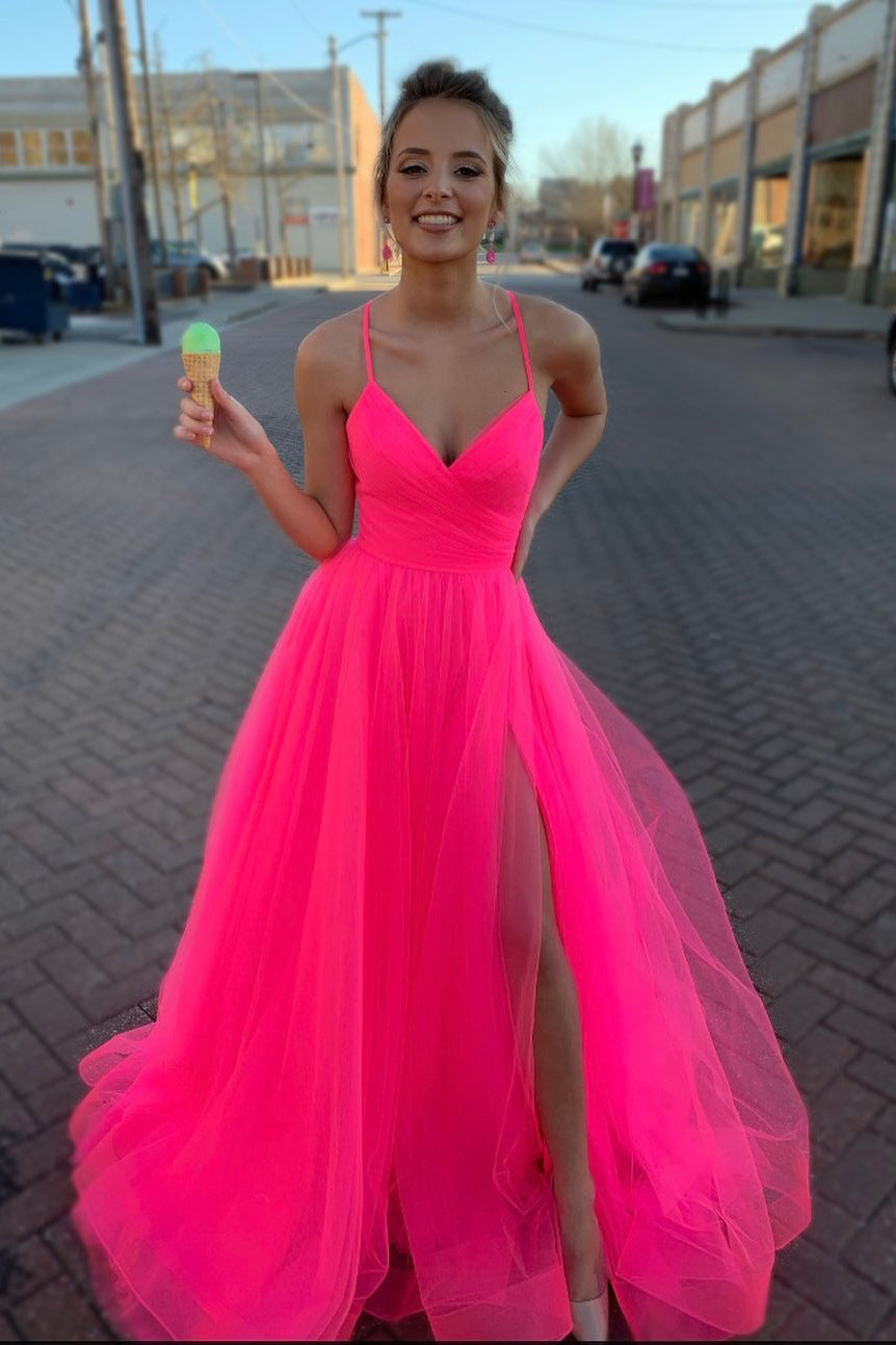 Hot Pink Long Tulle Prom Graduation Dress with Lace-up Back – jkprom