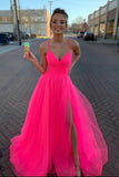 V Neck A-line Hot Pink Long Tulle Prom Graduation Dress with Lace-up Back