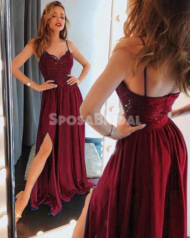 Sexy Burgundy Spaghetti Straps Lace Side-slit A-line Cheap Long Prom Dresses