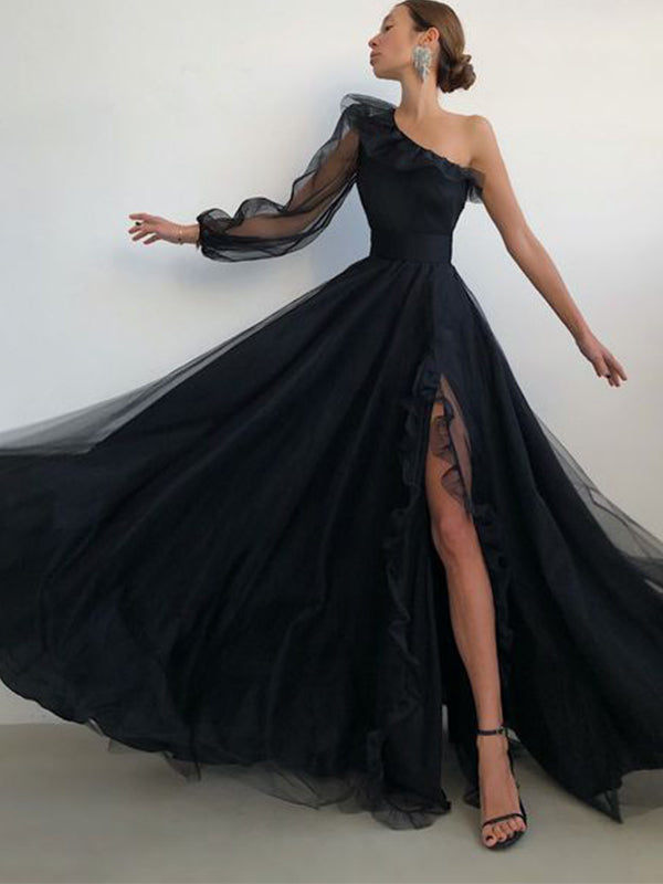 A-line Black One Shoulder Elegant Long Formal Prom Dresses – jkprom