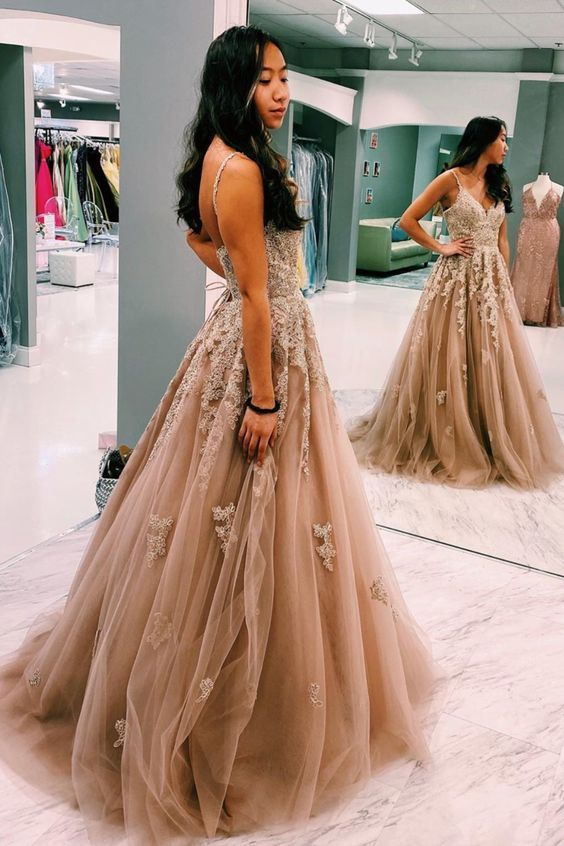 A-line Champagne Prom Dress with Lace Appliques,Elegant Long Formal Gown