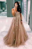 A-line Champagne Prom Dress with Lace Appliques,Elegant Long Formal Gown