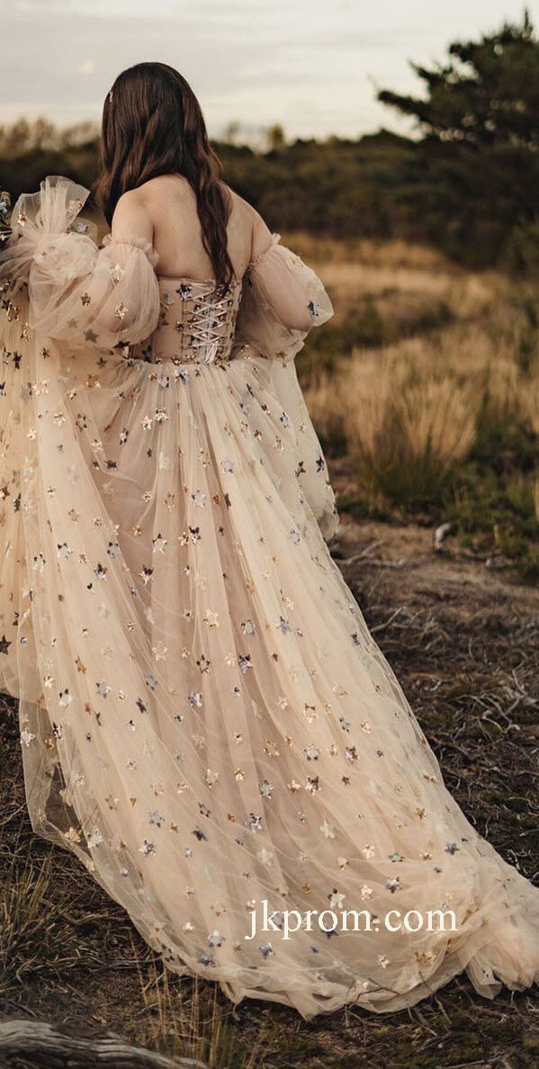 A-line Newest Unique Country Prom Dresses,Modest Long Sleeve Tulle Evening Dress