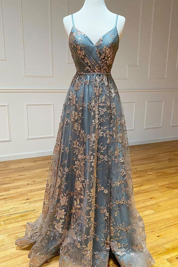 A-line Tulle Straps Sequins Lace Prom Dress Split Evening Dress