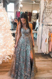 A-line Tulle Straps Sequins Lace Prom Dress Split Evening Dress
