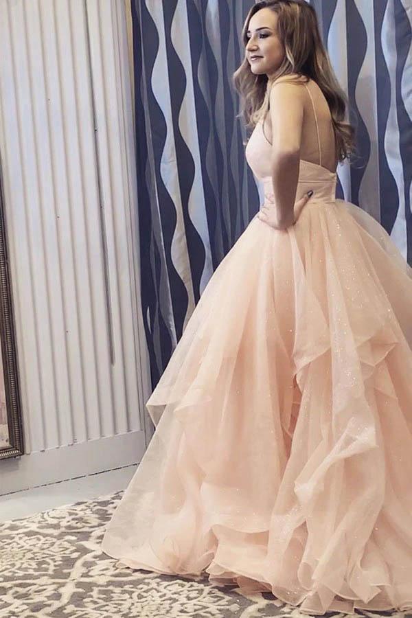 A-line V-neck Long Backless Prom Dresses,Formal Dresses Tulle Sweet 16 Dress With Ruffles