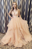 A-line V-neck Long Backless Prom Dresses,Formal Dresses Tulle Sweet 16 Dress With Ruffles