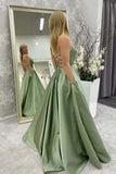 A Line Backless Green Satin Long Prom Dress, Pockets Evening Gown With Beading