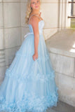 Elegant A Line Light Blue Long Prom Dresses, Ruffles Tulle Formal Evening Dresses