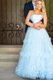 Elegant A Line Light Blue Long Prom Dresses, Ruffles Tulle Formal Evening Dresses