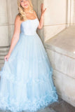 Elegant A Line Light Blue Long Prom Dresses, Ruffles Tulle Formal Evening Dresses