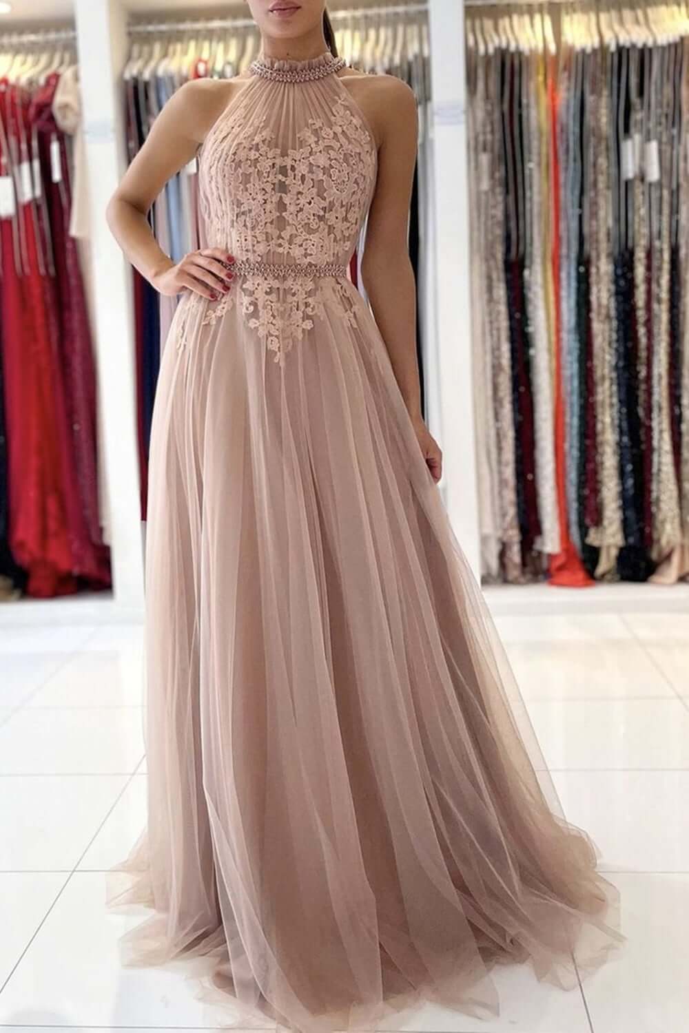 A Line Pink Lace Long Prom Dress with Belt,Elegant Formal Graduation Evening Dress