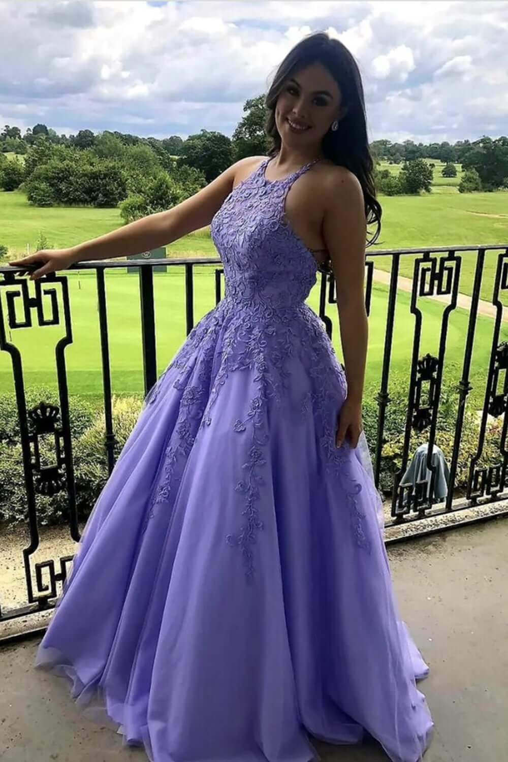 A Line Purple Lace Long Prom Dress, Purple Lace Formal Graduation Evening Dress