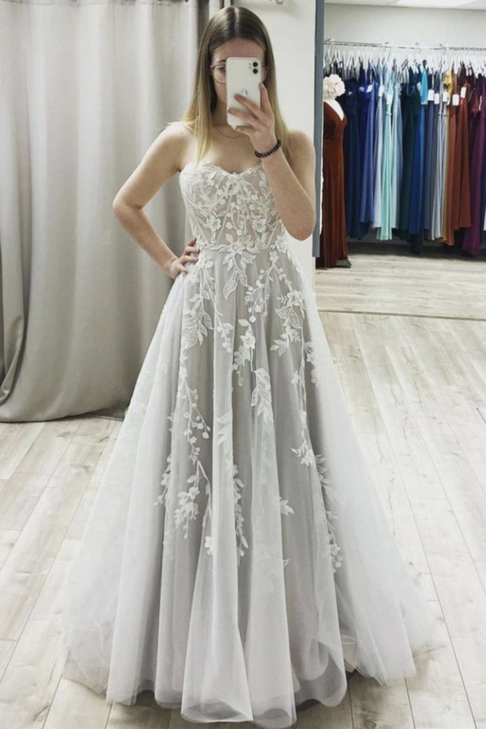 A Line Sweetheart Neck Gray Lace Long Prom Dress, Gray Lace Formal Graduation Evening Dress