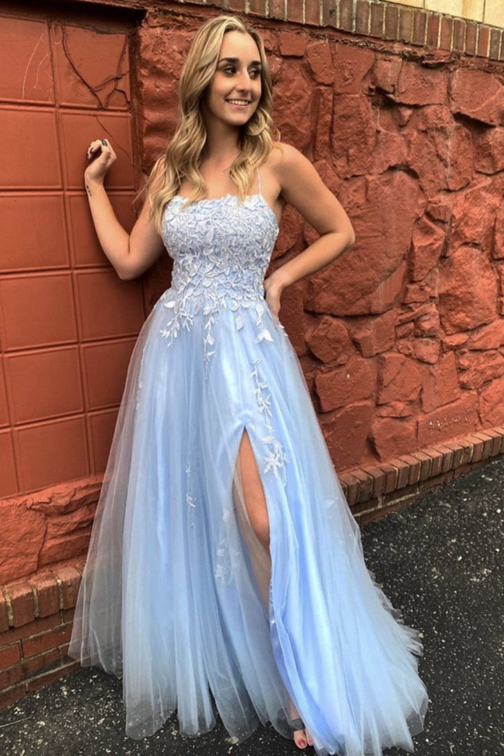 A Line Spaghetti Straps Light Blue Lace Tulle Long Prom Dress with Slit,Evening Gown