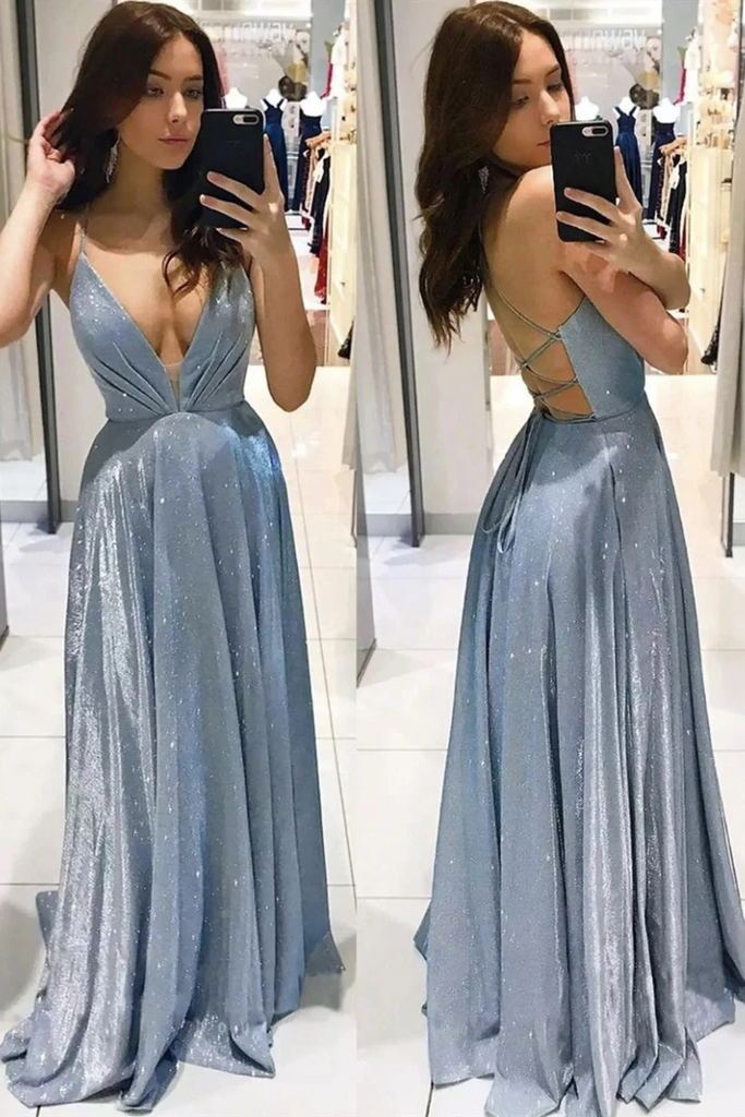 Sparkly Prom Dresses A Line V Neck Backless Blue Evening Dresses