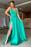 A Line V Neck Backless Green Satin Long Prom Dress with High Slit,Formal Graduation Evening Dress