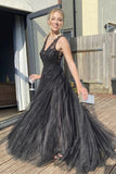 A Line V Neck Black Tulle Prom Dress Long Formal Evening Dresses