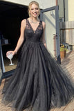A Line V Neck Black Tulle Prom Dress Long Formal Evening Dresses