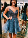 A Line V Neck Blue Lace Beaded Prom Dresses, Short Blue Lace Formal Graduation Homecoming Dresses