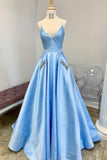 A Line V Neck Sky Blue Satin Long Prom Dresses with Beading Pocket,Formal Dress