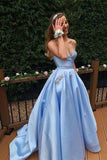 A Line V Neck Sky Blue Satin Long Prom Dresses with Beading Pocket,Formal Dress