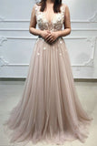 A Line V Neck Champagne Lace Floral Long Prom Dresses,Elegant Lace Formal Graduation Evening Dress