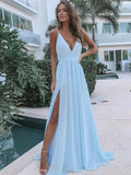 A Line V Neck Light Blue Chiffon Prom Dresses,Simple Sky Blue Long Formal Bridesmaid Dresses