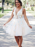 A Line V Neck Light Champagne Lace Floral Short Prom Dresses, Short Lace Floral Graduation Homecoming Dresses