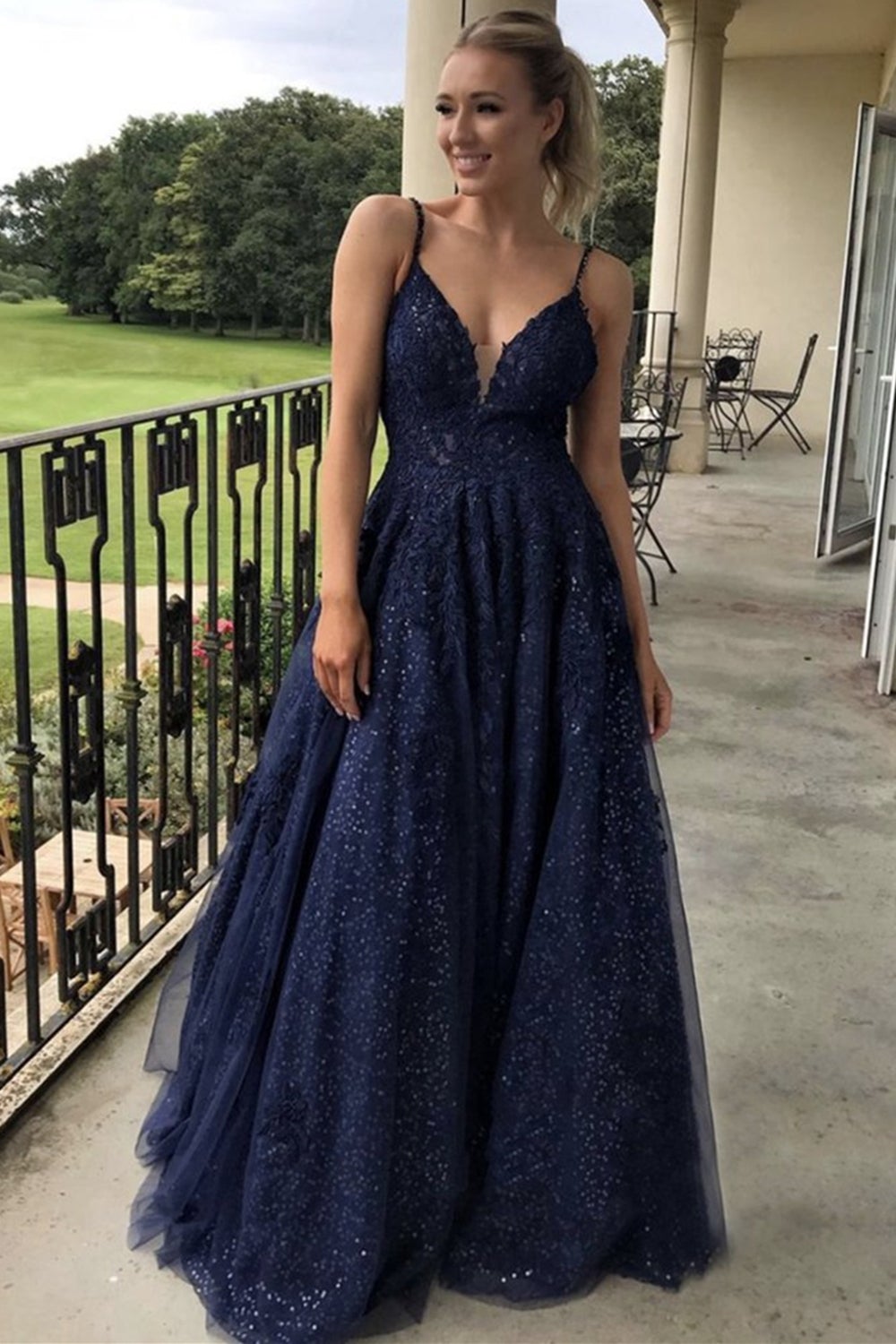 A Line V Neck Navy Blue Lace Long Prom Dress with Sequins, Navy Blue Lace Formal Graduation Evening Dress