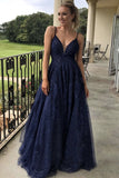 A Line V Neck Navy Blue Lace Long Prom Dress with Sequins, Navy Blue Lace Formal Graduation Evening Dress