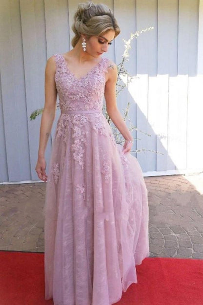 A Line V Neck Open Back Pink Lace Long Prom Dresses,Women Formal Graduation Evening Dress