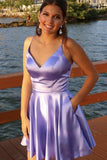 A Line V Neck Open Back Short Purple Prom Homecoming Dress, V Neck Purple Short Formal Graduation Evening Dress