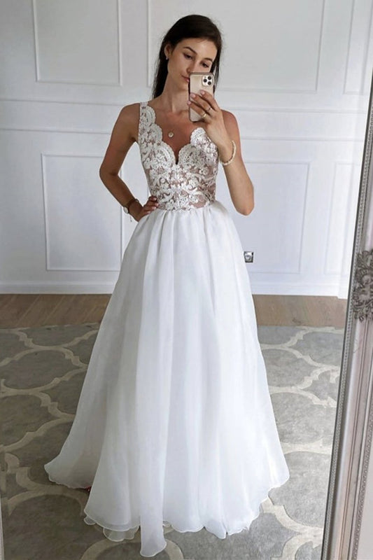 A Line V Neck Open Back White Lace Long Prom Dress, White Lace Formal Graduation Evening Dress