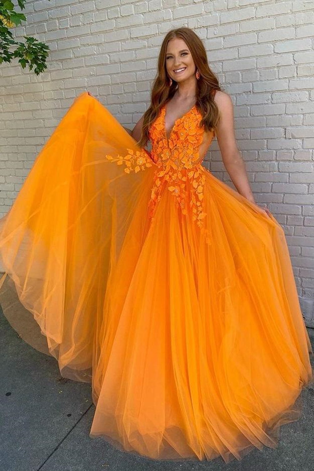 A Line V Neck Orange Lace Long Prom Dress, Orange Lace Formal Dresses, Orange Evening Gowns