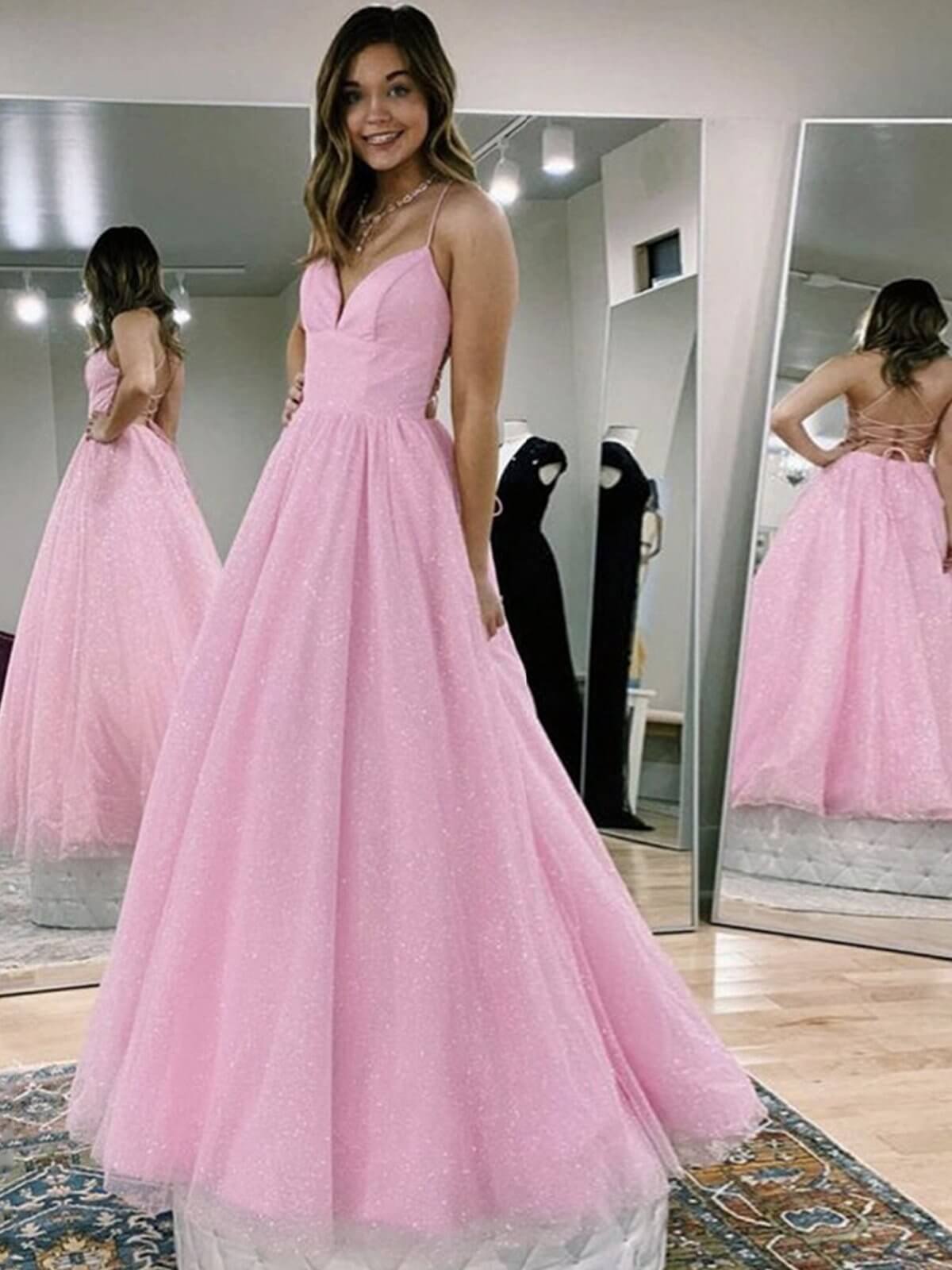 A Line Pink Long Prom Dresses,Formal Dresses  Backless V-neck Evening Dresses