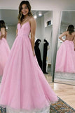 A Line Pink Long Prom Dresses,Formal Dresses  Backless V-neck Evening Dresses