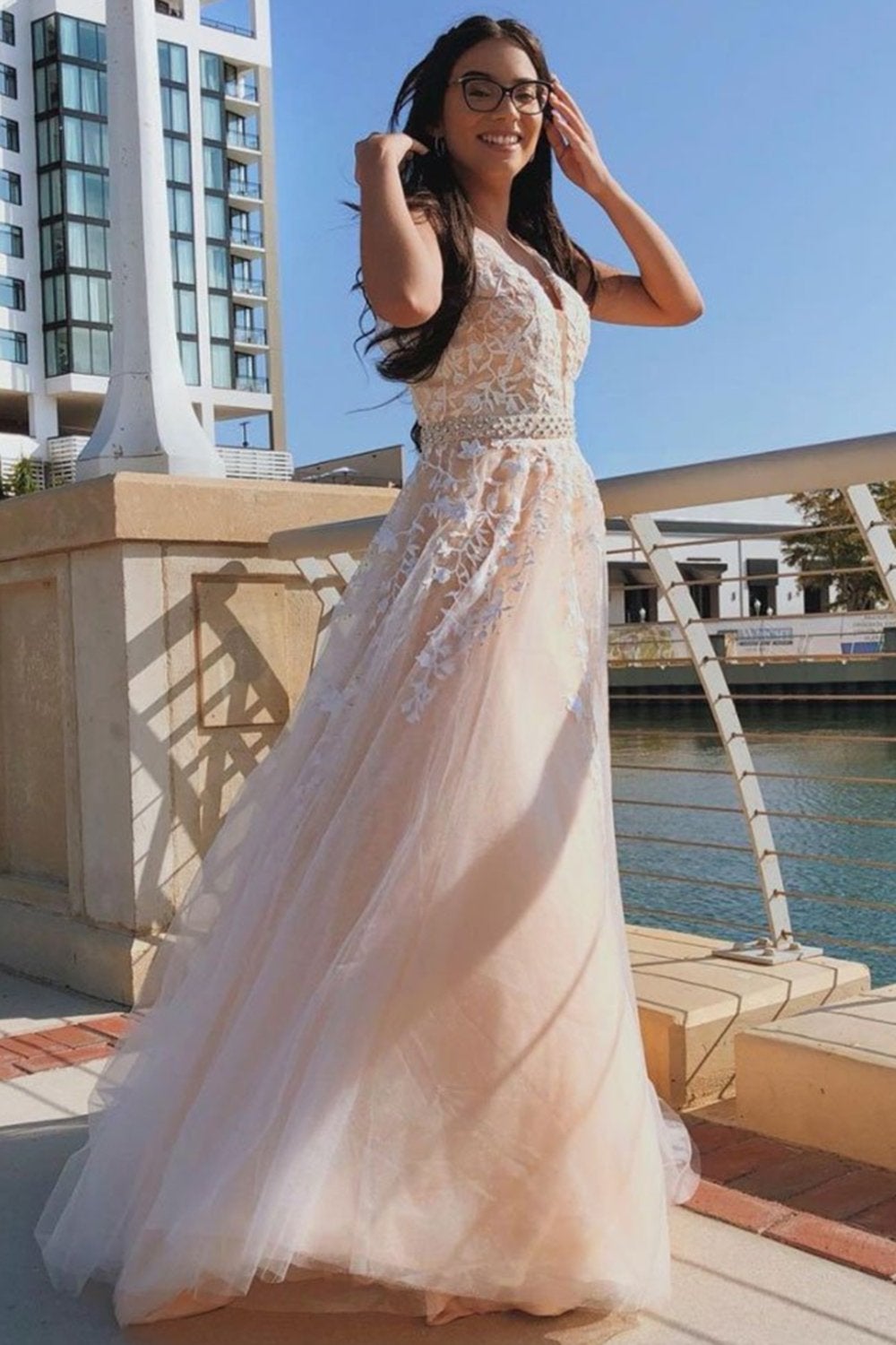 A Line V Neck Tulle Long Prom Dress V Back with Floral Appliques,Holiday Dresses
