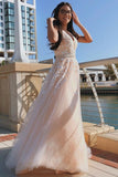 A Line V Neck Tulle Long Prom Dress V Back with Floral Appliques,Holiday Dresses