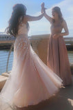 A Line V Neck Tulle Long Prom Dress V Back with Floral Appliques,Holiday Dresses
