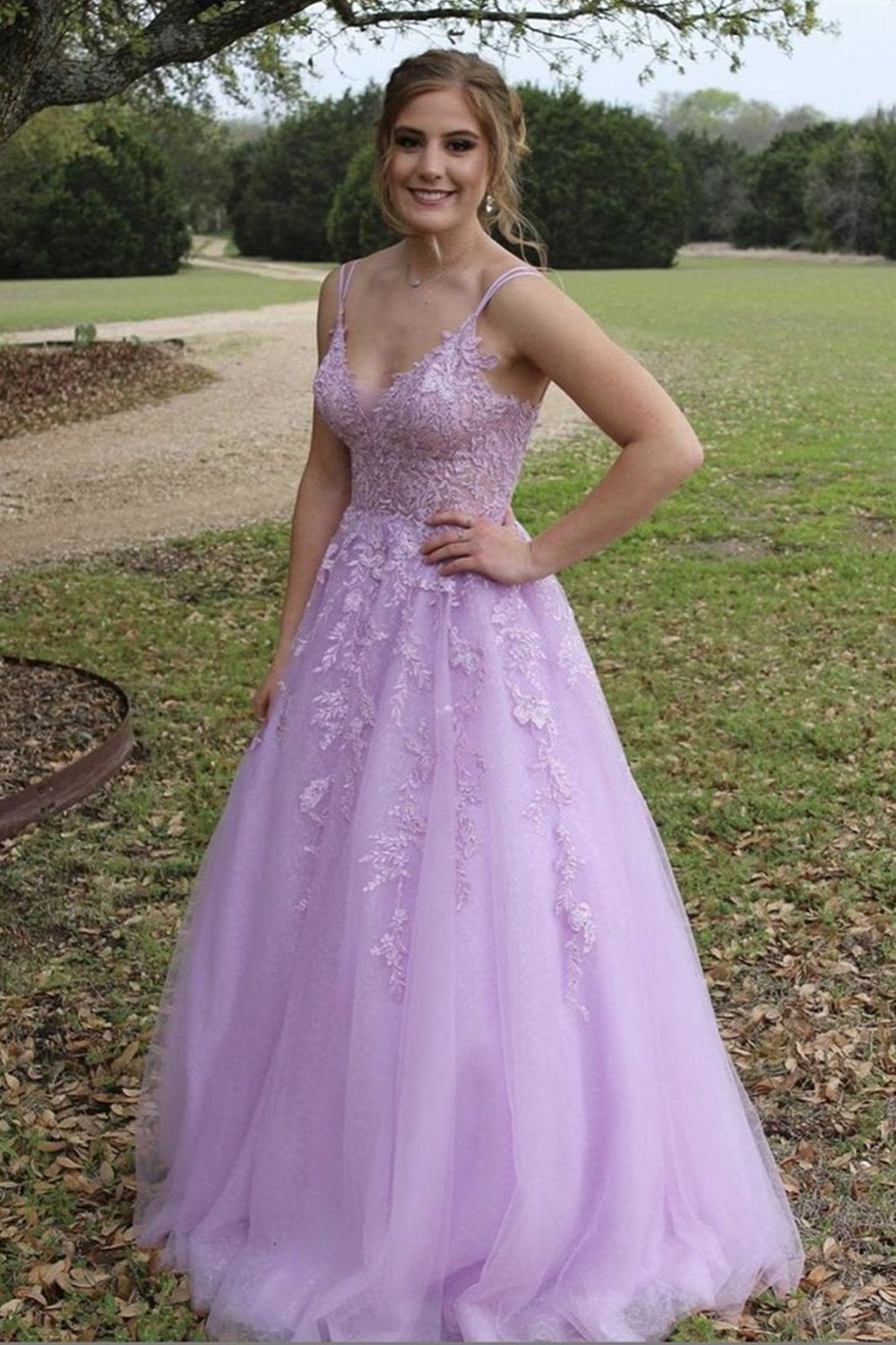 A-Line Lilac Tulle Long Prom Dress Elegant V-neck Graduation Dress,Formal Dresses
