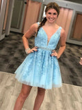 A Line V Neck Short Blue Lace Prom Dresses, Short Blue Lace Formal Homecoming Dresses